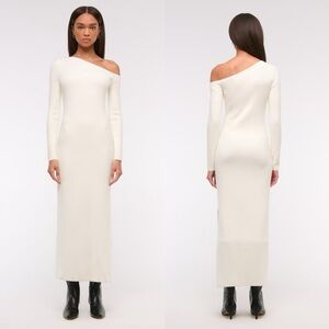 New Abercrombie & Fitch One Shoulder Maxi Sweater Dress Cream XL Ribbed Knit